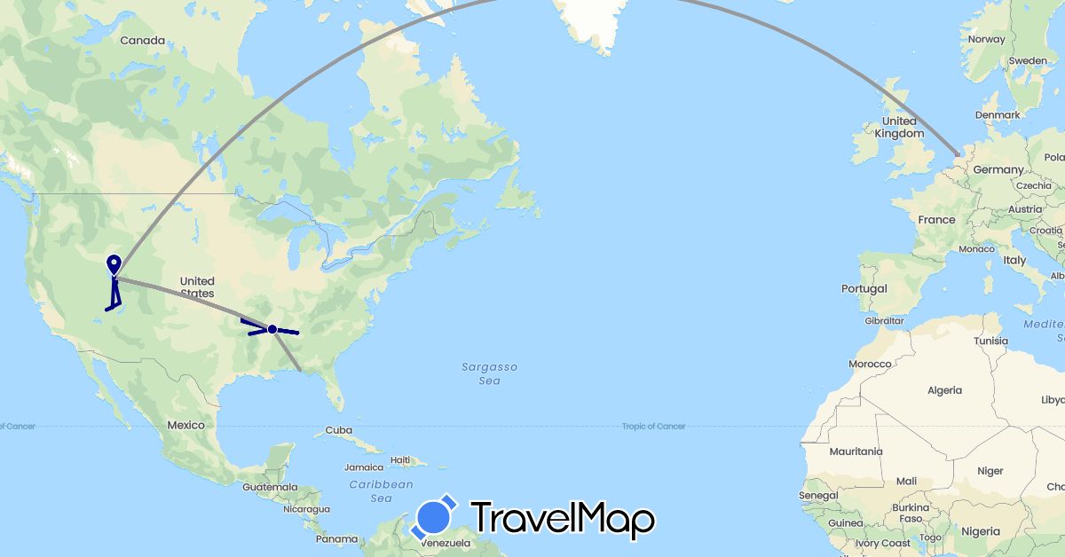 TravelMap itinerary: driving, plane, train in Netherlands, United States (Europe, North America)